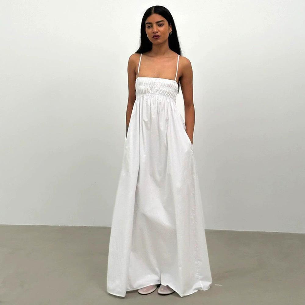 Zara Fall Solid Spaghetti Strap Shirred Long Tube Top Casual Dress - Picture 3 of 6